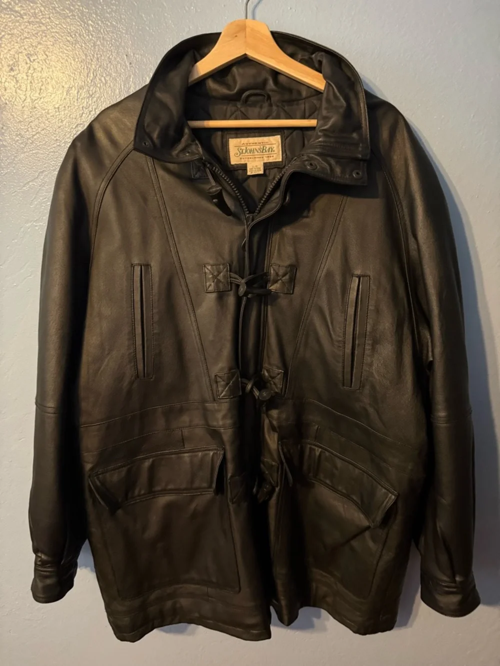 St. John's Bay Men's Black Leather Pea Coat with Toggle Closures